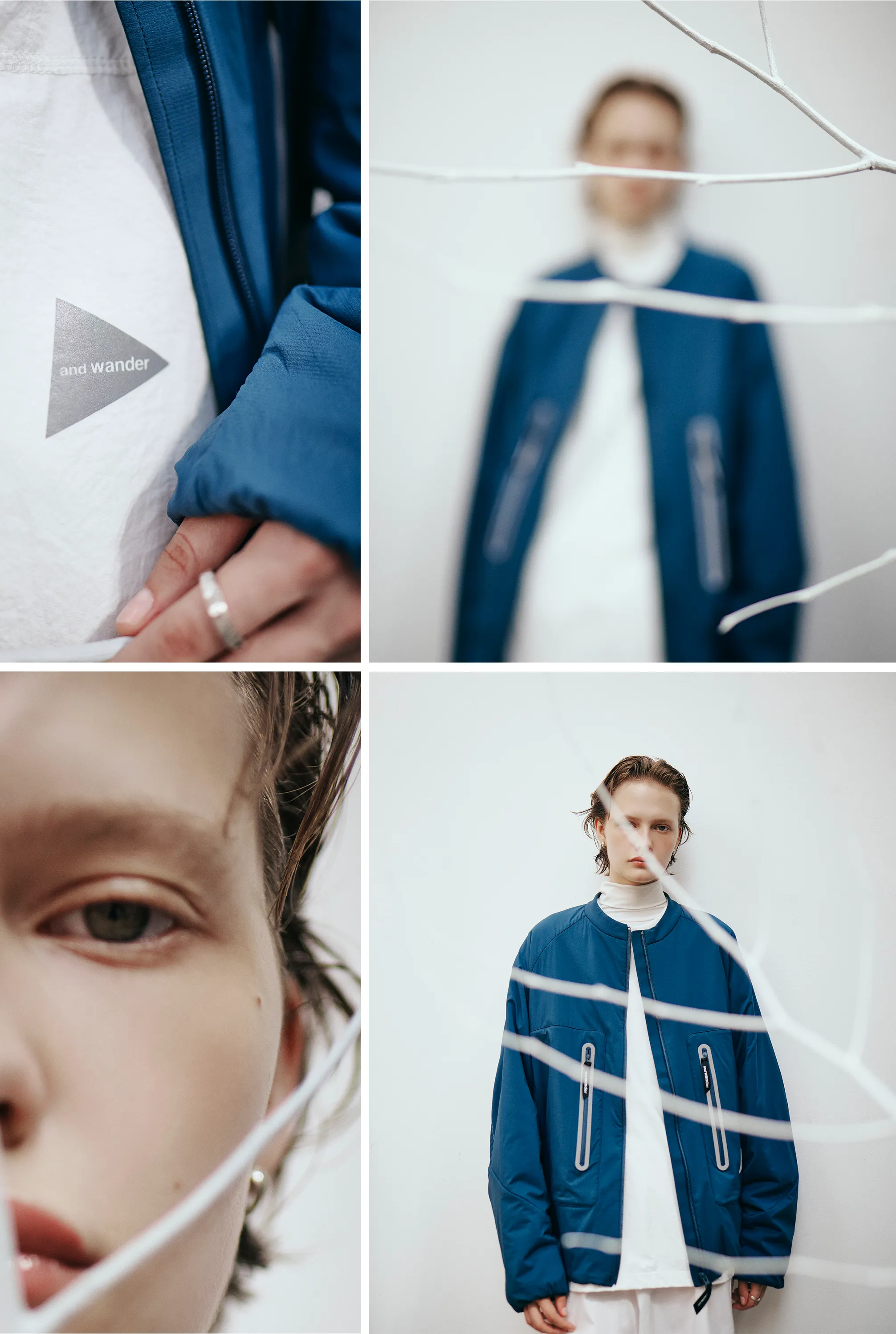 青のアウターと白のインナーのコーデ