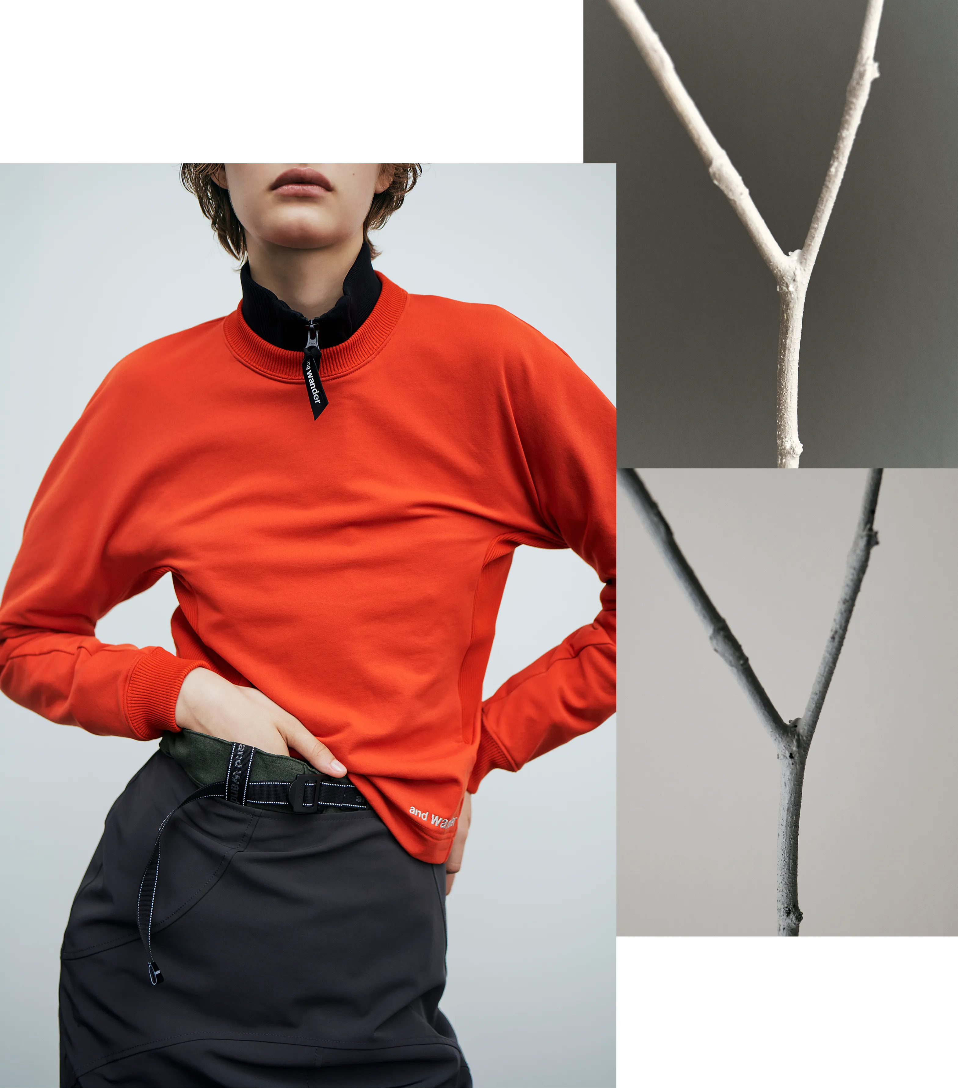 赤のトップスとグリーンのパンツのコーデ