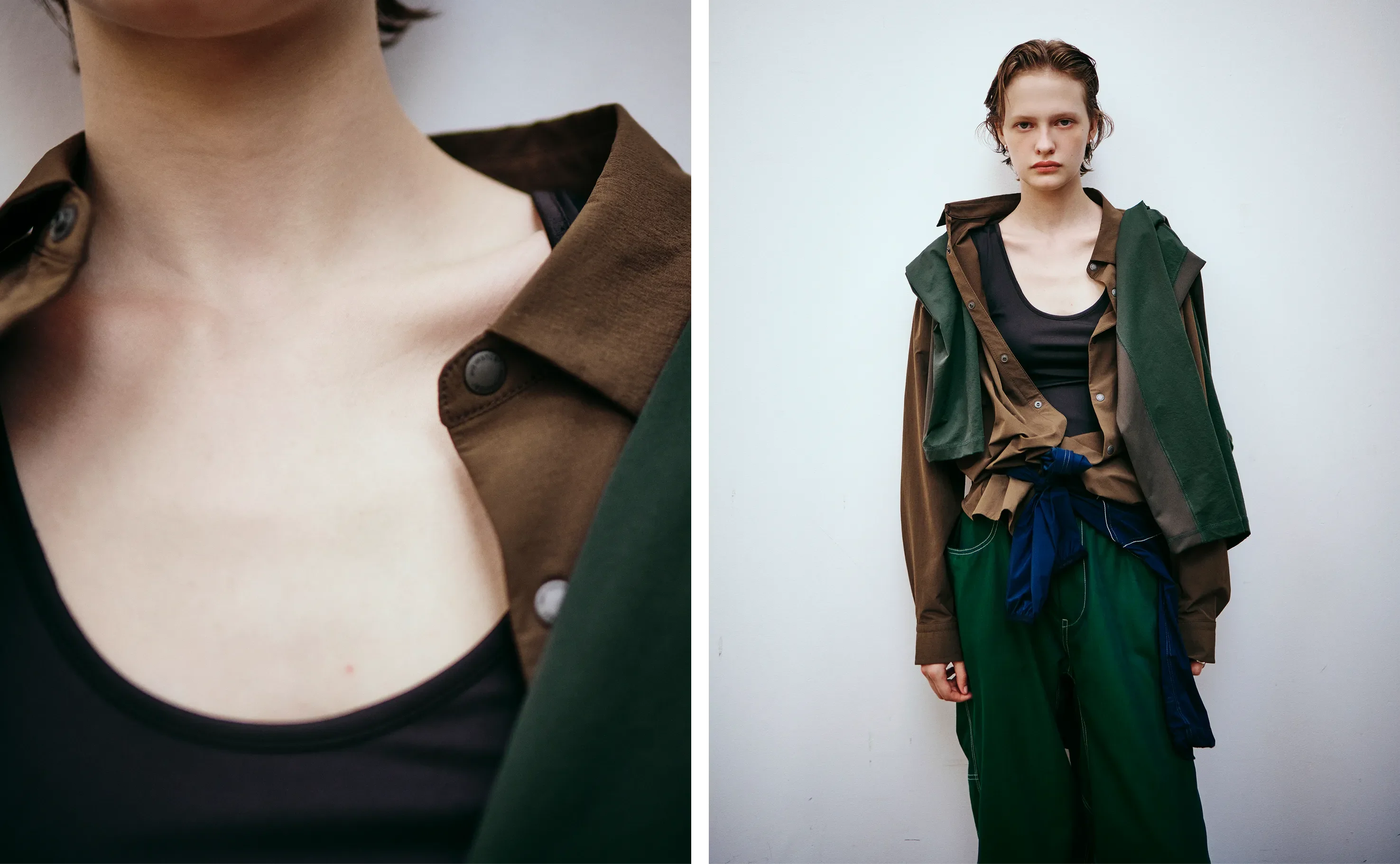 カーキのジャケットと茶色のshirtのコーデ